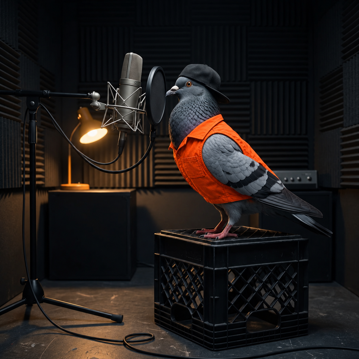 A grey pigeon wearing an orange prison shirt and black cap stands on an overturned milk crate in a recording booth, its beak close to a microphone under warm light.