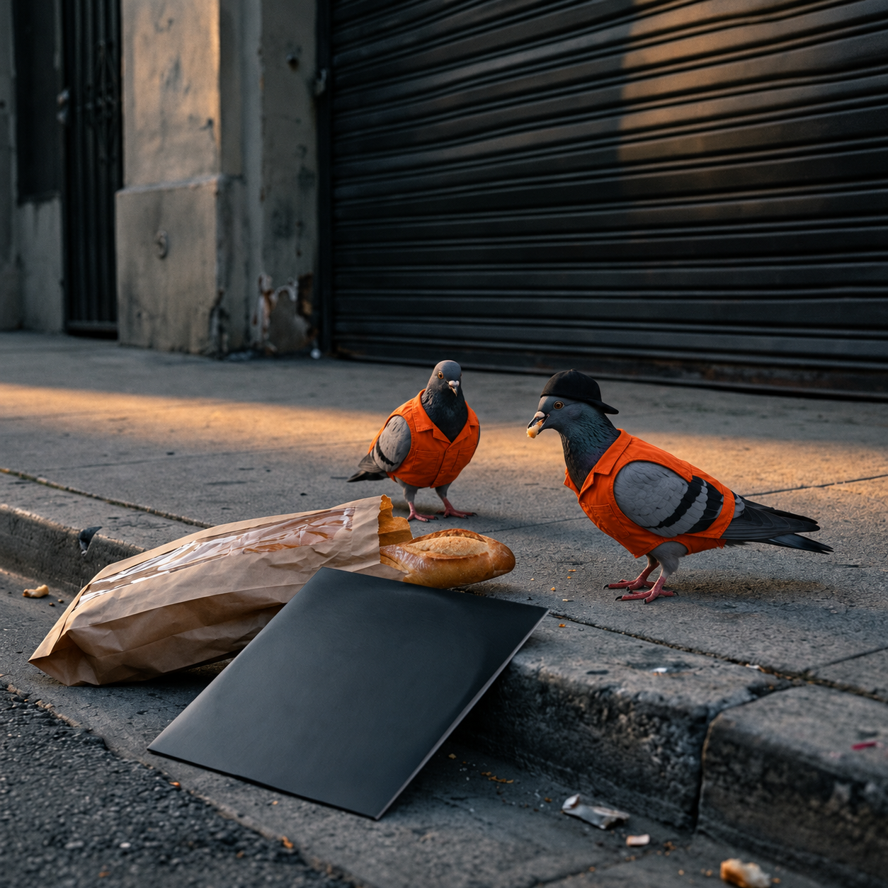 Two grey pigeons wearing orange prison shirts stand on a quiet pavement at dawn beside a torn paper bag holding a baguette and an unmarked record sleeve.
