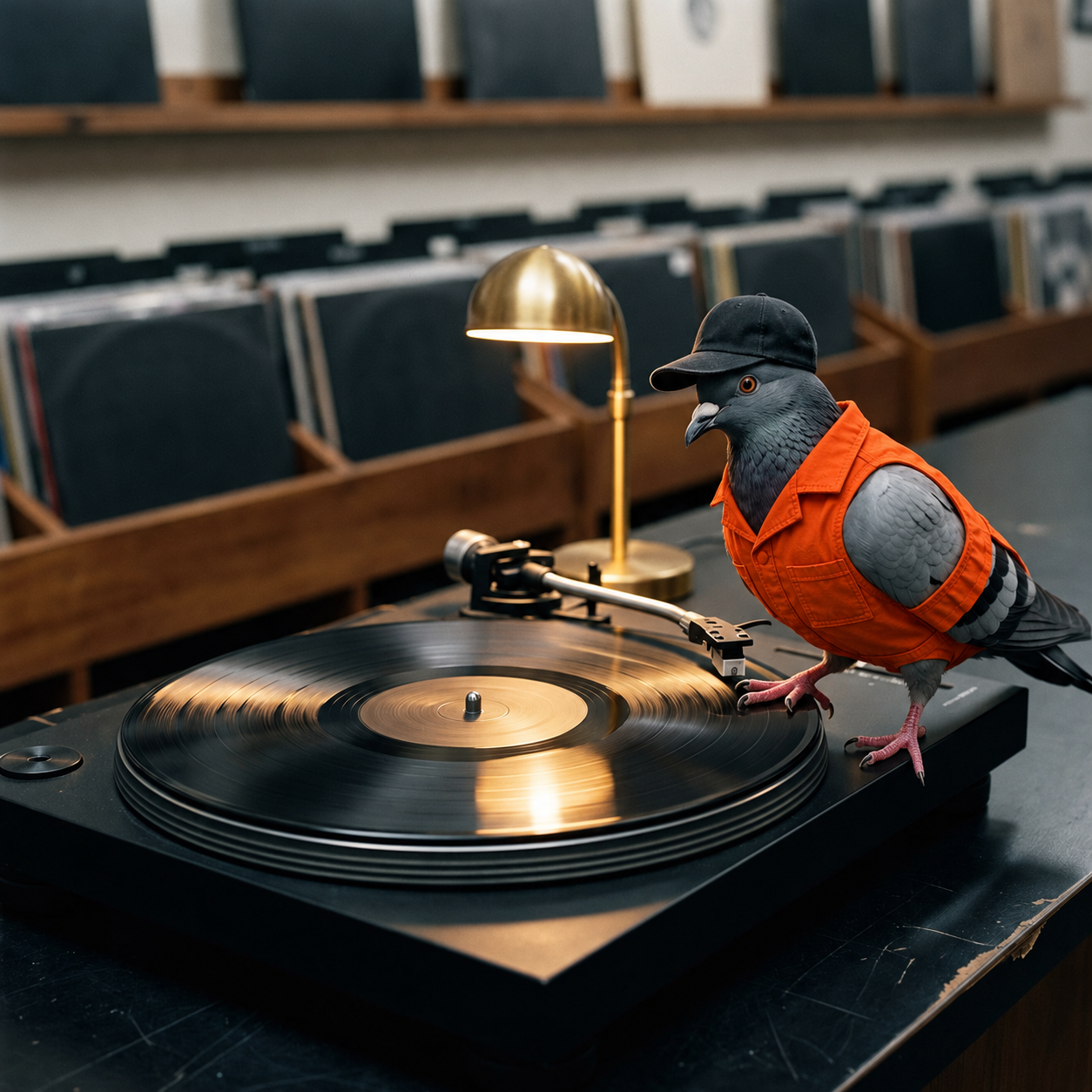 A grey pigeon wearing an orange prison shirt perches on the edge of a record-store turntable with one foot touching a black vinyl record under a warm brass desk lamp.